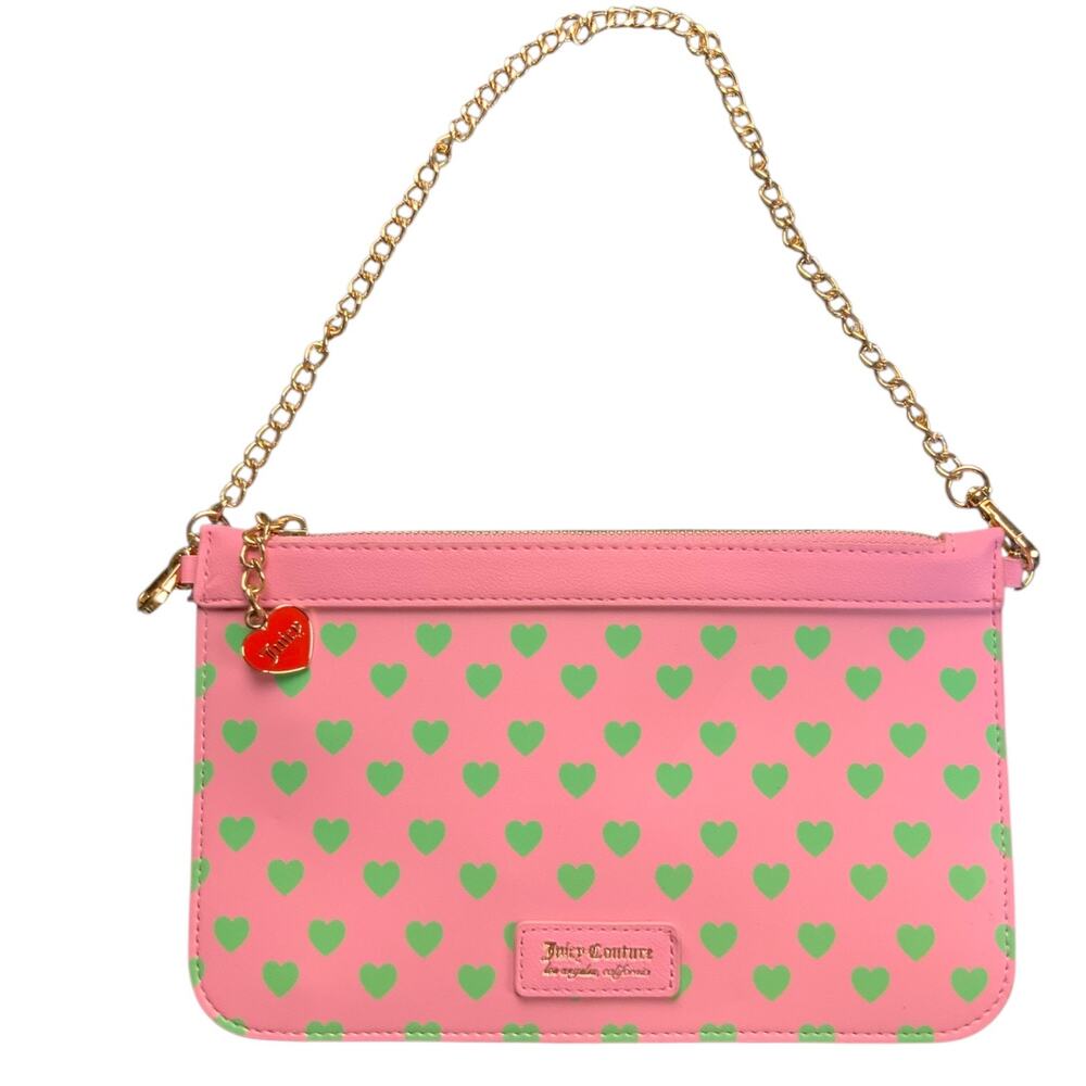 Juicy Couture Pink Green Heart Wristlet Gold Chain Clutch Pouch Bag